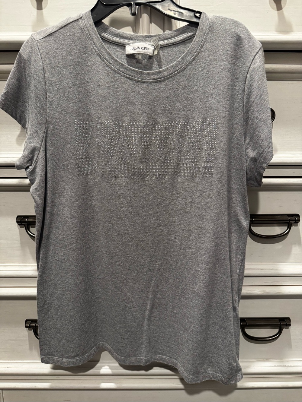 Calvin Klein Gray Short-Sleeve Crewneck Tee with Rhinestones &  Subtle Logo